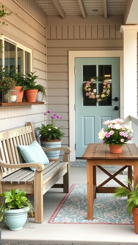 A bright and inviting spring porch decorated with wooden furniture and flower pots.
