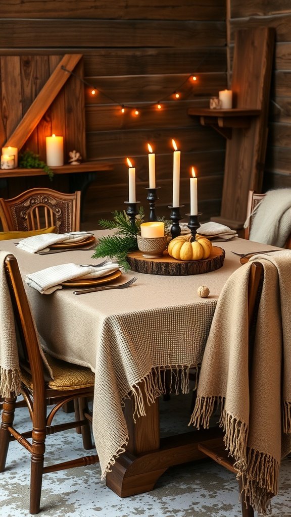 Cozy winter tablescape with candles, blankets, and rustic elements.