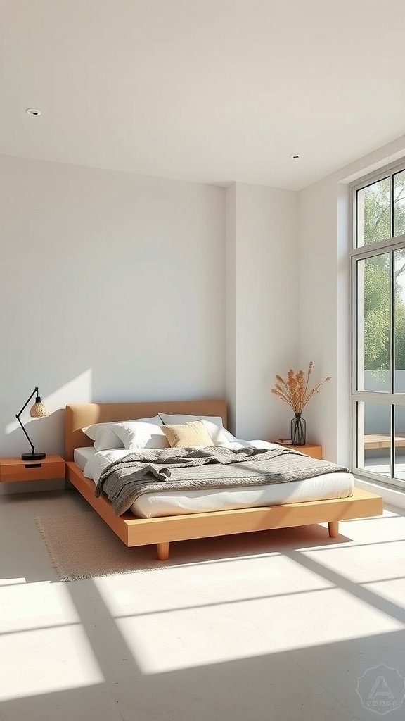 A minimalist bedroom featuring a low-profile bed, large windows, and minimal decor.