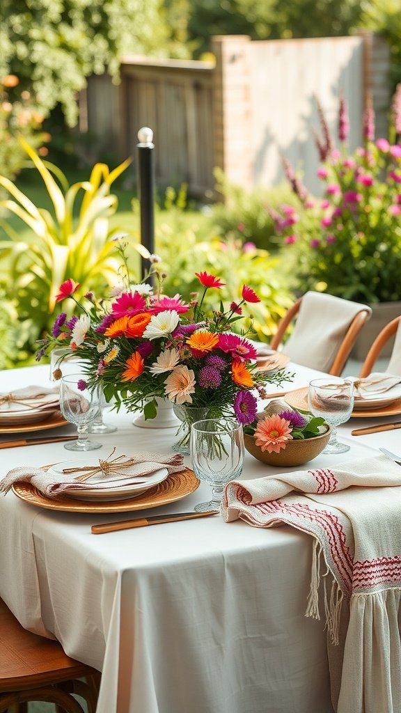 A beautifully set outdoor table with a floral centerpiece, elegant plates, and layered textures for spring decor.