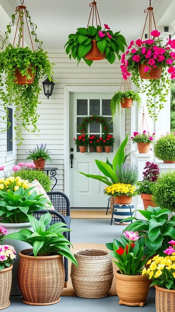 A beautifully decorated spring porch with vibrant flower pots and hanging plants.