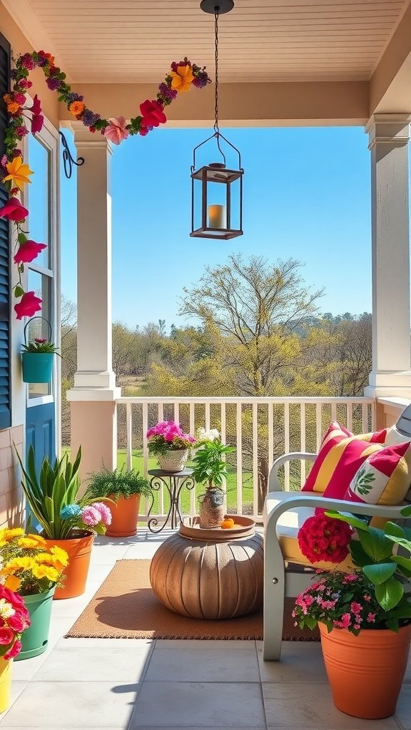 A brightly decorated spring porch with colorful flower pots and a cozy seating area.