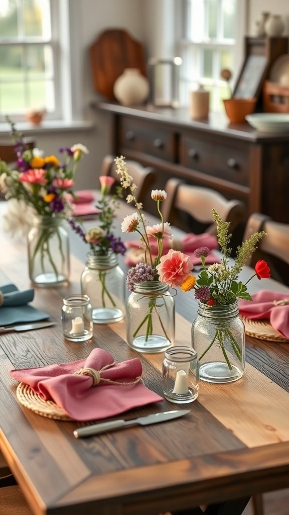 A beautifully set table with jars of flowers, colorful napkins, and a warm wooden table.