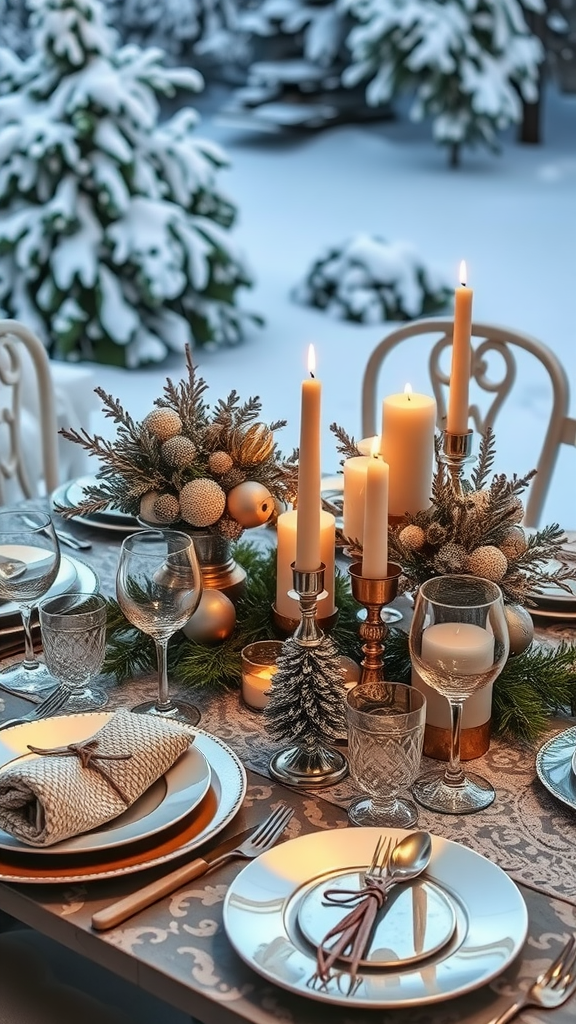 A beautifully set winter tablescape featuring silver and gold decor, blue napkins, and candles, surrounded by snowy trees.