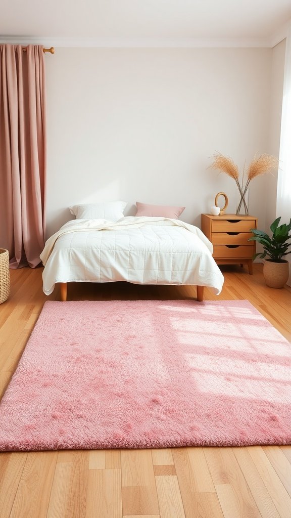 Cozy pink area rug on hardwood floor in a stylish bedroom