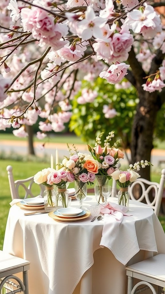 A beautifully arranged table outdoors with flowers and elegant dishware.