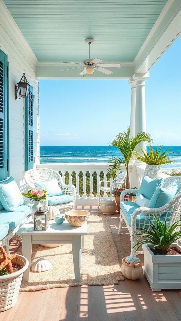 A coastal-inspired spring porch with light blue furniture, plants, and ocean views.