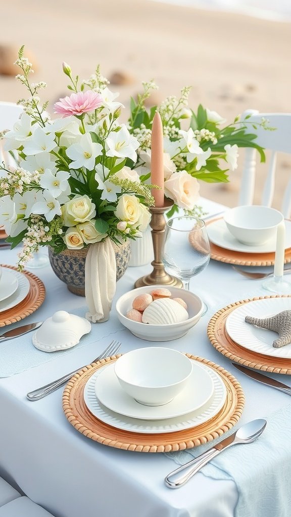 A coastal-inspired spring table set with seashells and flowers on a sandy background.