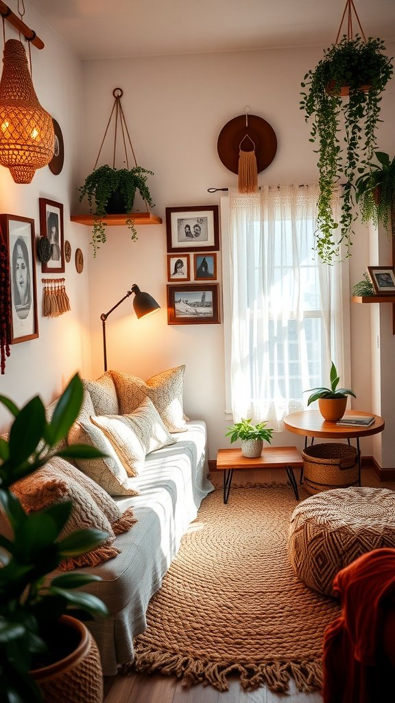 A cozy boho-themed small living room with plants, warm tones, and personal decor.