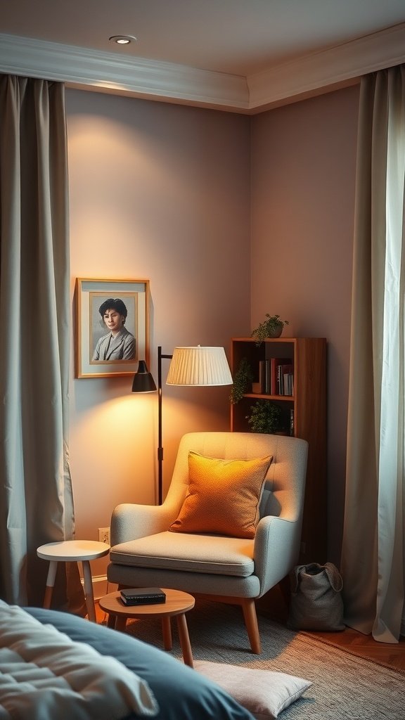 A cozy reading nook featuring a comfortable chair, soft lighting, and a small side table.