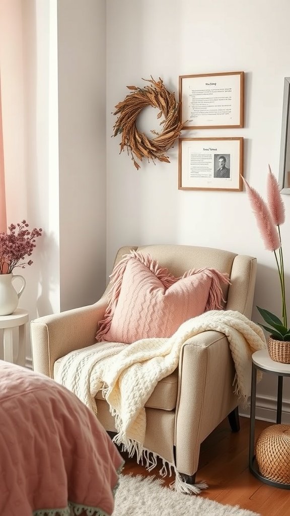 A cozy reading nook featuring a chair with pink throw pillows and a soft white blanket.