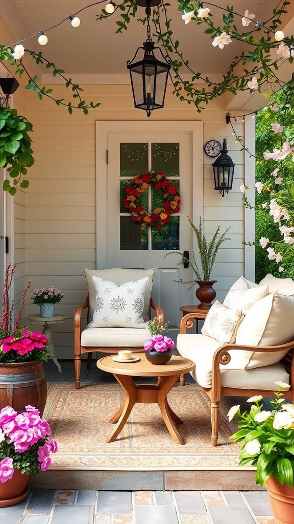 A beautifully decorated spring porch featuring cozy seating, flower pots, and soft cushions.