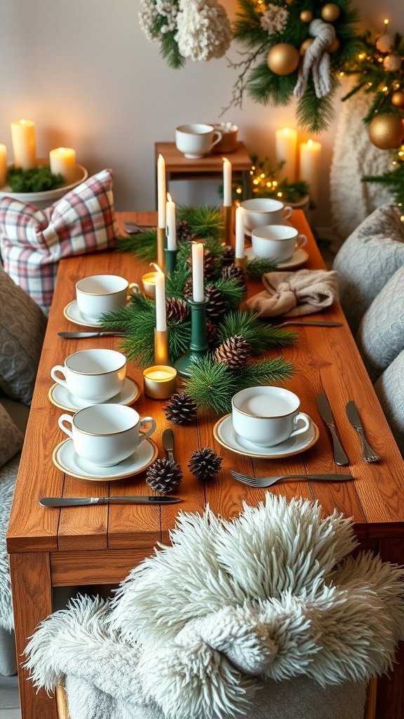 A cozy winter tablescape featuring soft pillows, candles, and pinecones.
