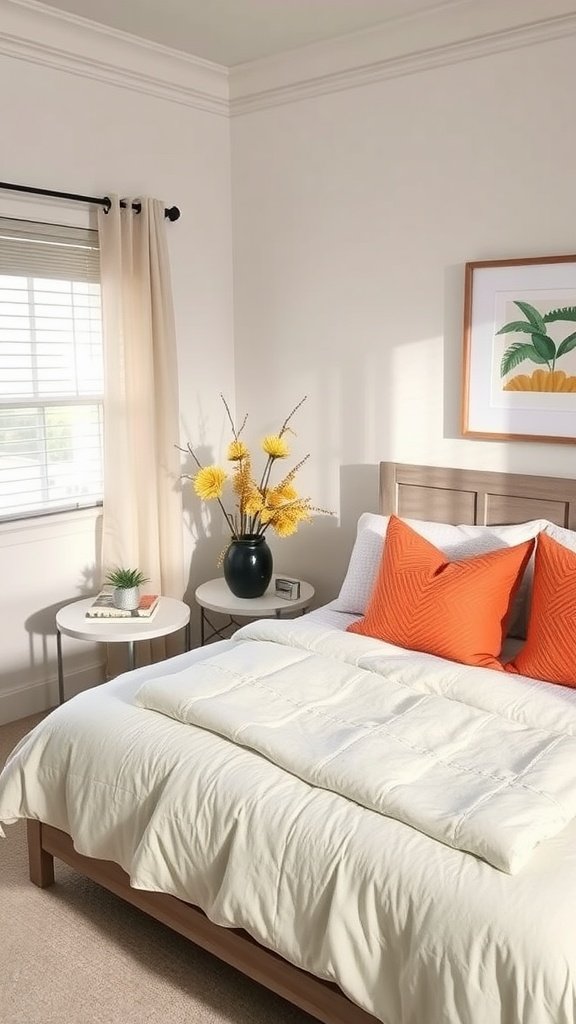 Cozy modern bedroom with colorful accents like orange pillows and yellow flowers.