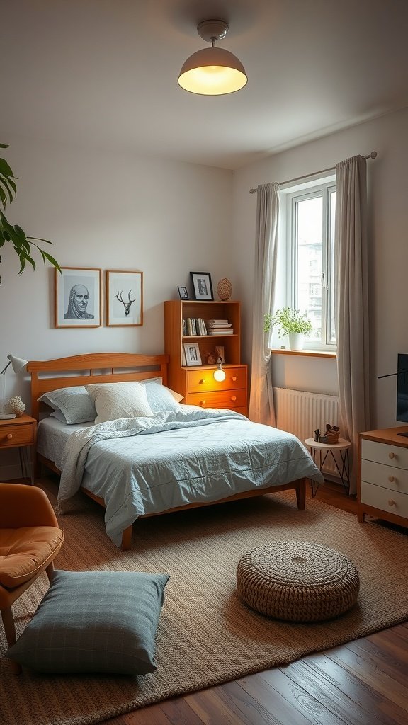 Cozy modern bedroom with a bed, side tables, and a chair.