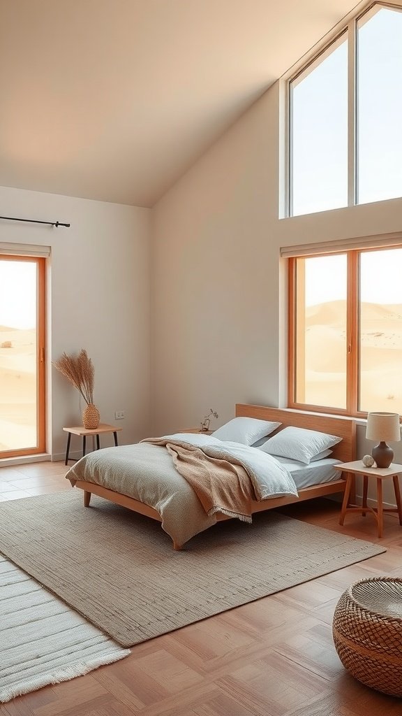 A minimalist bedroom with large windows showing desert views, featuring simple furnishings and neutral colors.