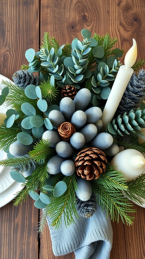 A rustic winter tablescape featuring candles, pinecones, and greenery.