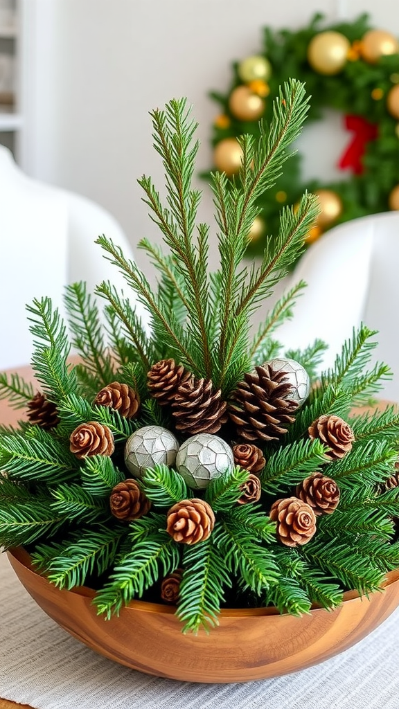 A wooden bowl filled with evergreen branches and pinecones, creating a winter centerpiece.
