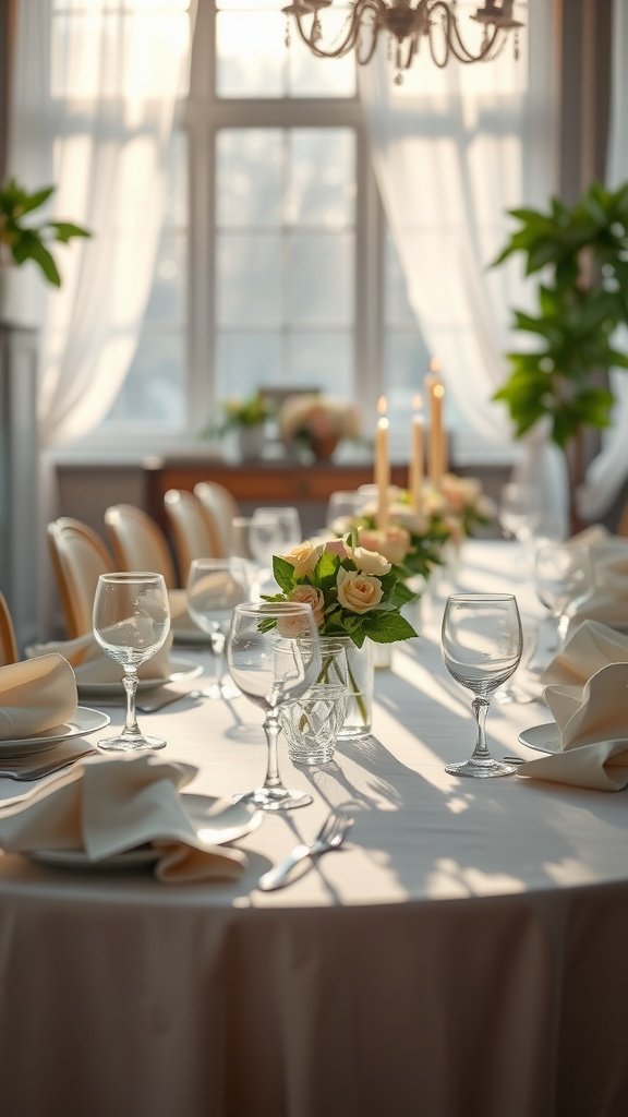 A festive Easter-themed table with flowers, bunnies, and colorful eggs.