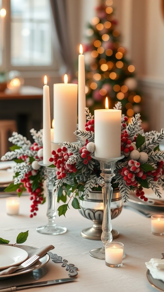 A beautiful winter centerpiece featuring frosted berries and white candles on a table setting.
