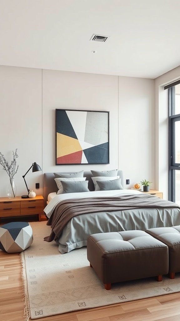 A minimalist bedroom featuring geometric art, a cozy bed, and a modern chair.