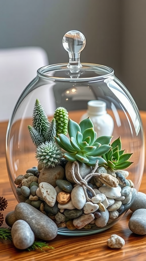 A glass terrarium filled with succulents, pebbles, and decorative elements, with the word 'WINTER' in front.