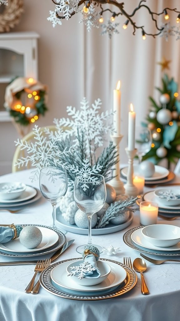 A beautifully arranged winter tablescape featuring snowflake decorations, blue and white accents, candles, and festive ornaments.