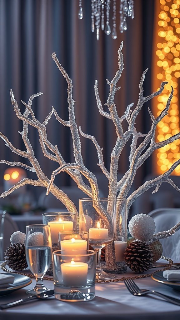 A winter themed table centerpiece featuring sparkling branches, candles, and decorative elements.