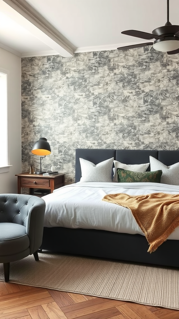 A cozy modern bedroom featuring textured wallpaper, a neatly made bed, and stylish decor.