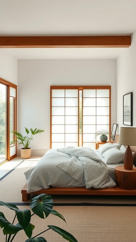 A serene Japanese-inspired bedroom featuring natural materials and clean lines.