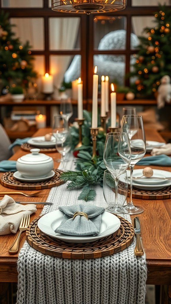 A beautifully arranged winter tablescape featuring textured elements like knitted table runners and wooden chargers.