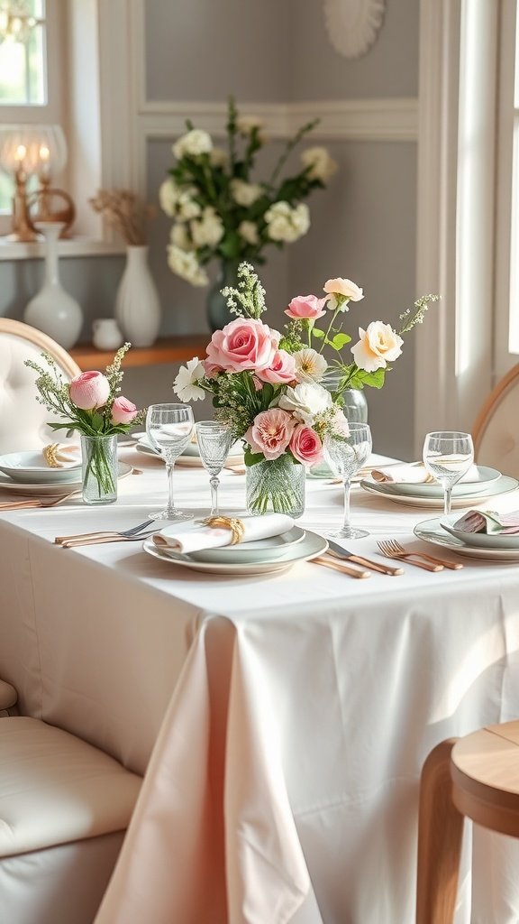A beautifully arranged spring table setting with flowers and elegant tableware.