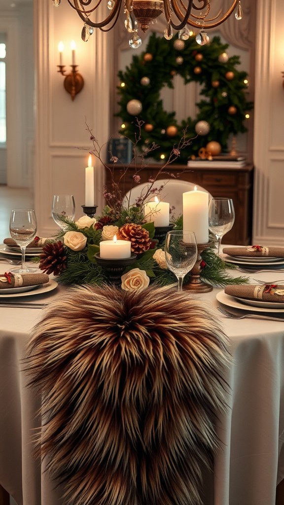 A table set with a luxurious faux fur runner, surrounded by candles and festive decor.