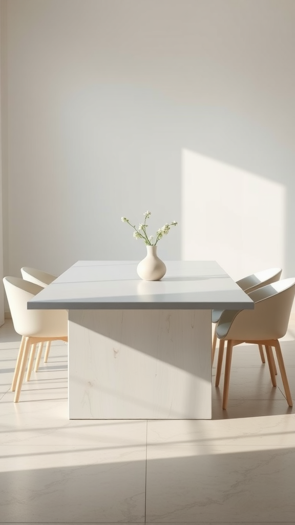 A minimalist dining table with clean lines, featuring a wooden surface and simple chairs in a bright room.