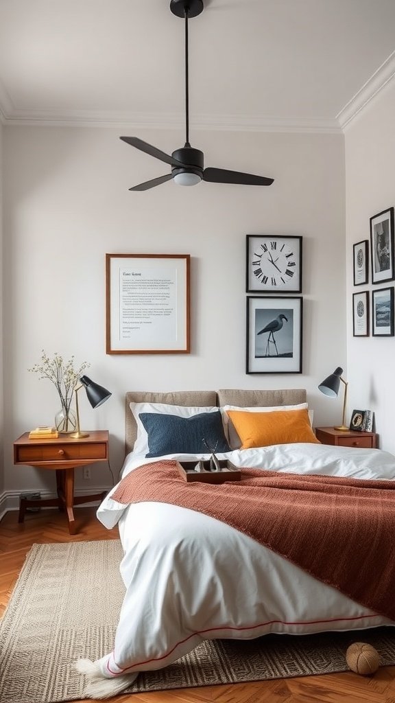 Cozy modern bedroom with vintage elements including artwork and lamp.