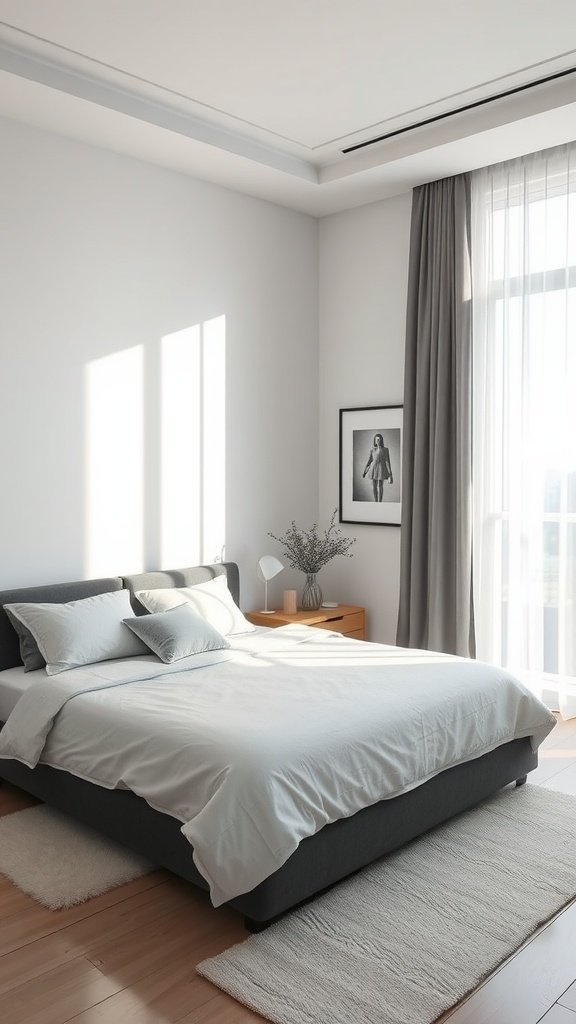A minimalist bedroom featuring white bedding, gray curtains, a simple bedside table, and a plant.