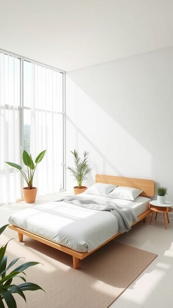 A bright and airy minimalist bedroom with plants and simple decor.