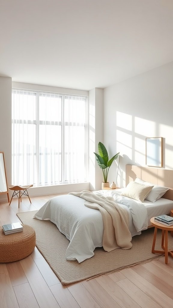 Bright minimalist bedroom with large windows and simple decor.
