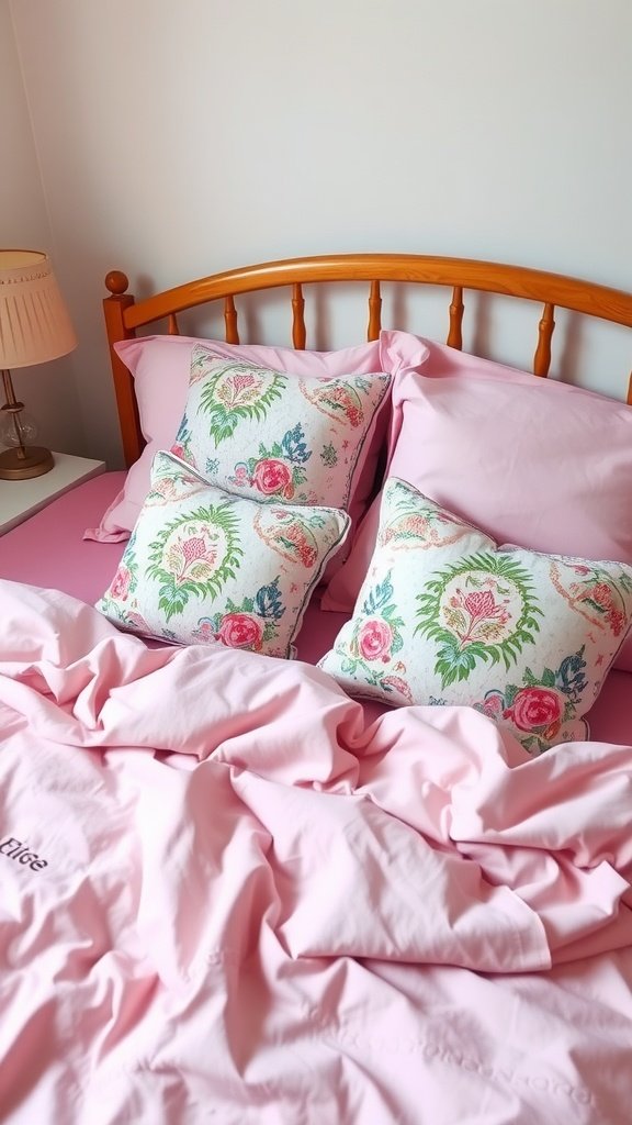 Cozy pink bedding with decorative patterned pillows on a bed.