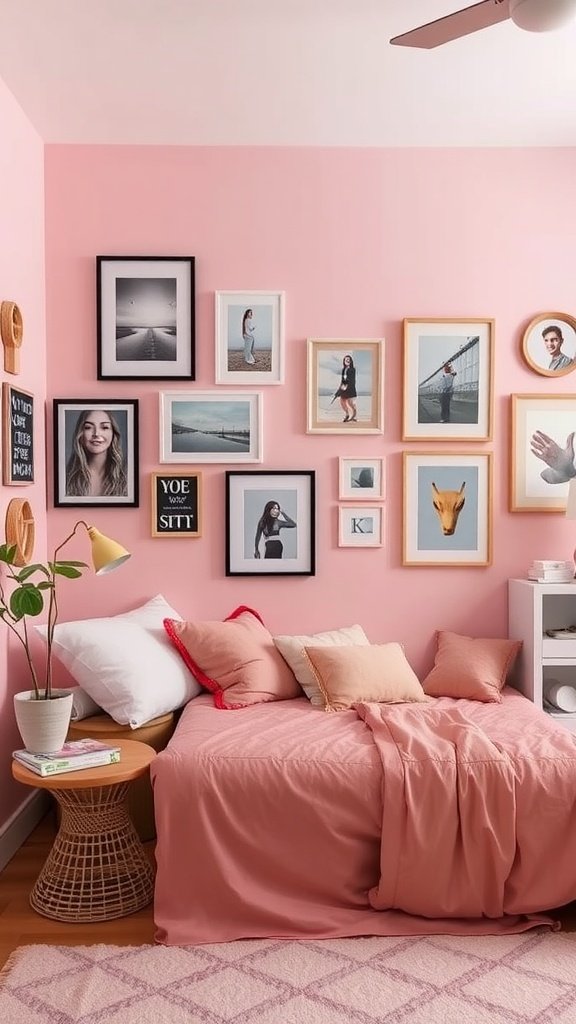 A cozy pink bedroom featuring a wall adorned with various framed photos and artwork.