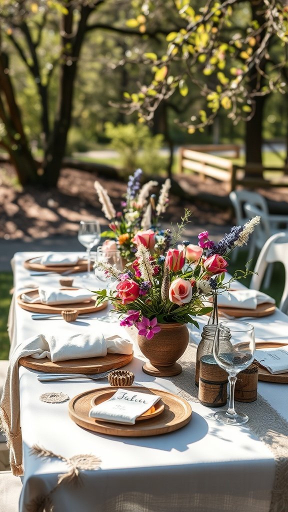 A beautifully arranged rustic spring table decor featuring colorful flowers in vases, set under trees.