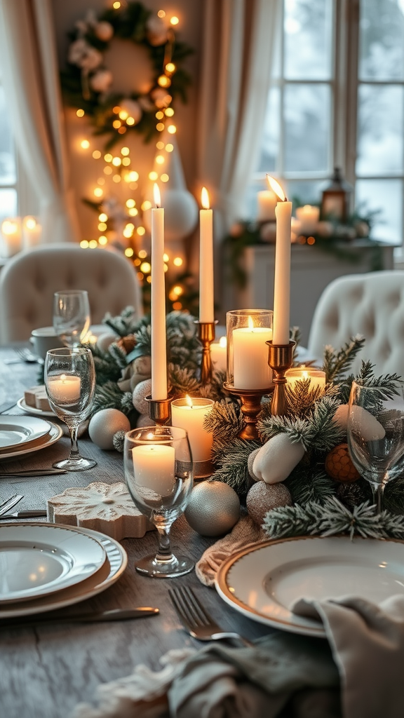 A beautifully set table with candles and fairy lights for a winter tablescape.