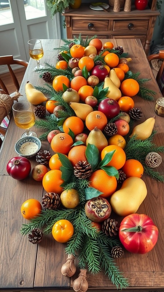 A wooden table adorned with a colorful arrangement of fruits and pinecones, creating a rustic winter tablescape.