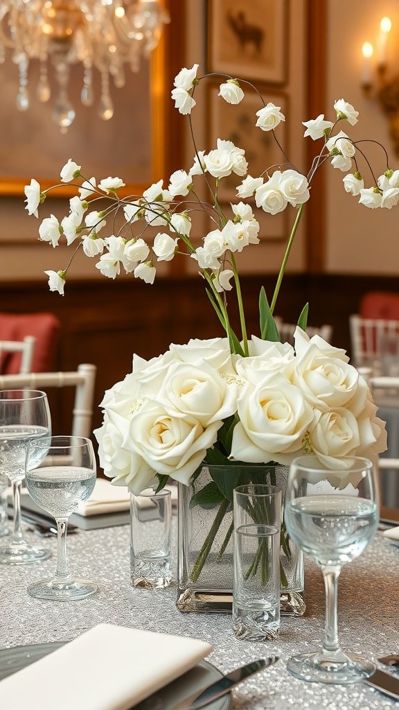 A winter table centerpiece featuring white roses in a glass vase with silver accents and elegant glassware.
