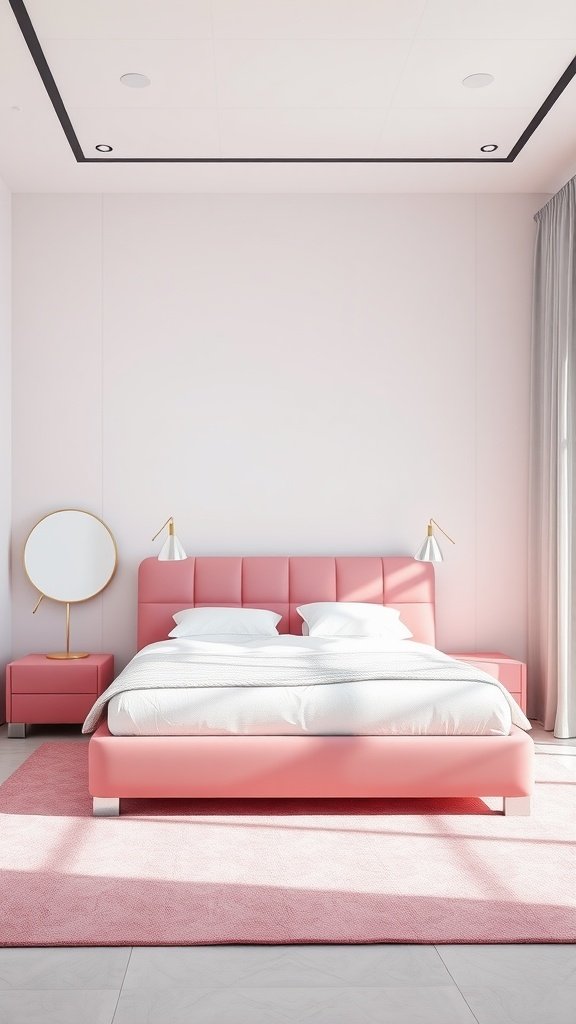A modern pink bedroom with a stylish bed, bedside tables, and soft lighting