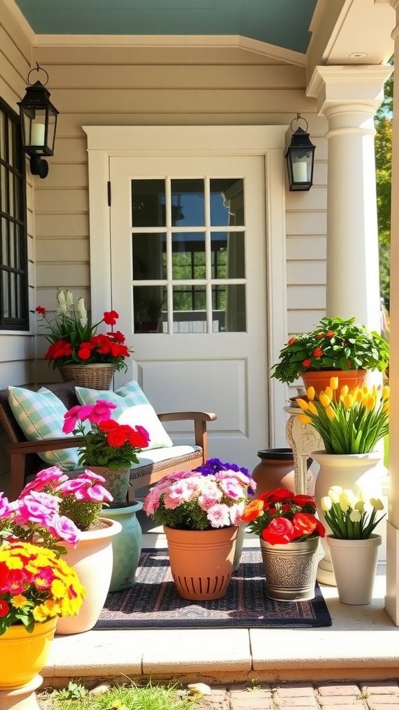 Colorful flower pots and plants on a spring porch.