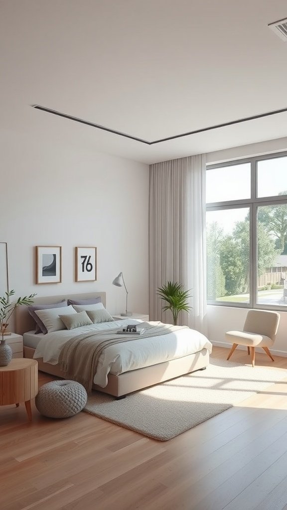 A bright and serene minimalist bedroom featuring light wooden floors, a comfortable bed with neutral bedding, and minimal decor.