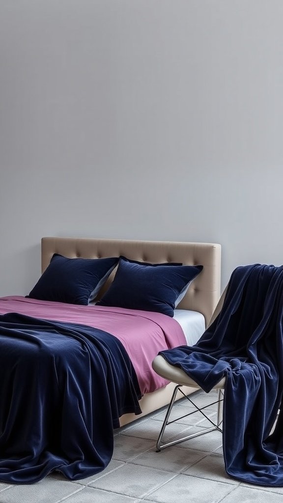A minimalist bedroom featuring a velvet blanket and pillows, showcasing a modern and classy design.