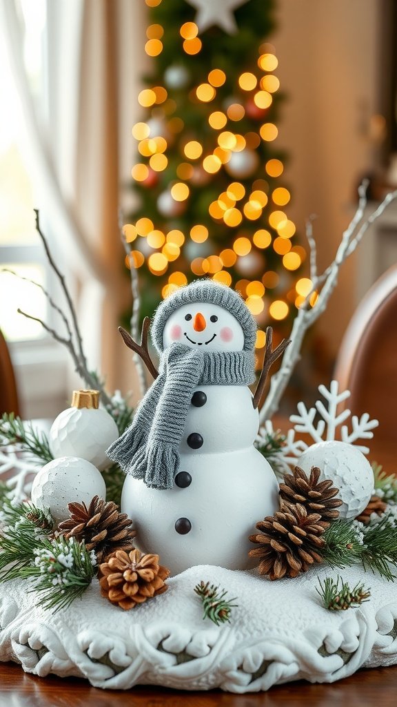 A charming snowman figurine surrounded by pinecones and festive decorations on a winter table.