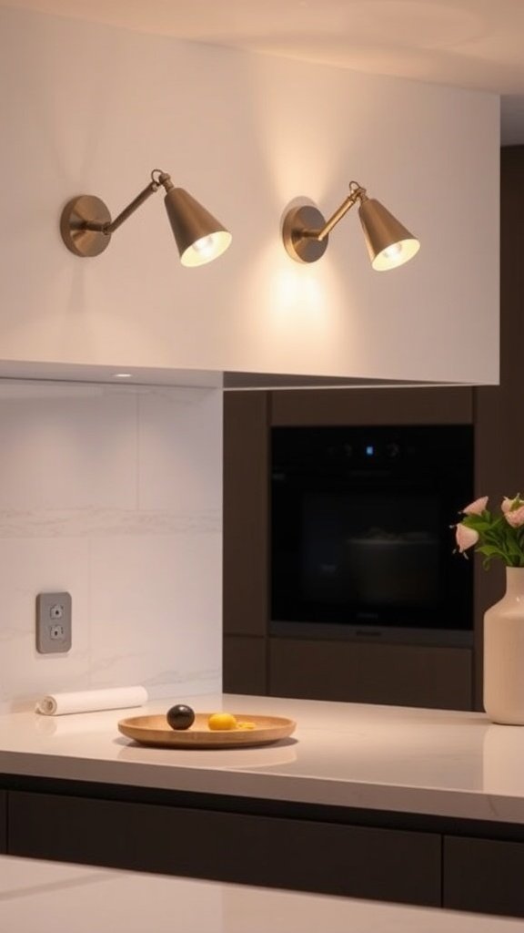 Adjustable wall sconce above a kitchen sink illuminating the area.